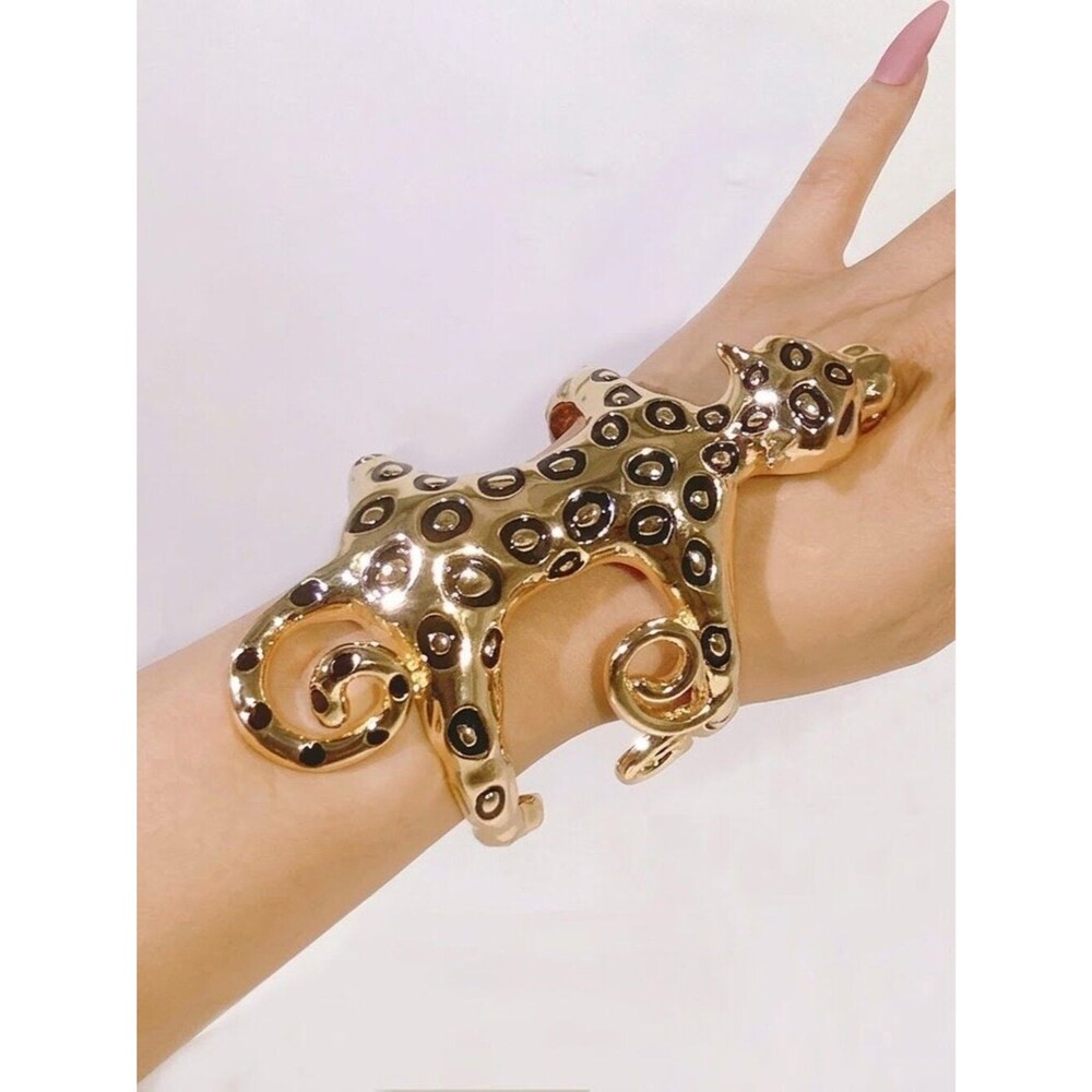 Gold-Tone Fierce Leopard Statement Cuff Bracelet - adjustable